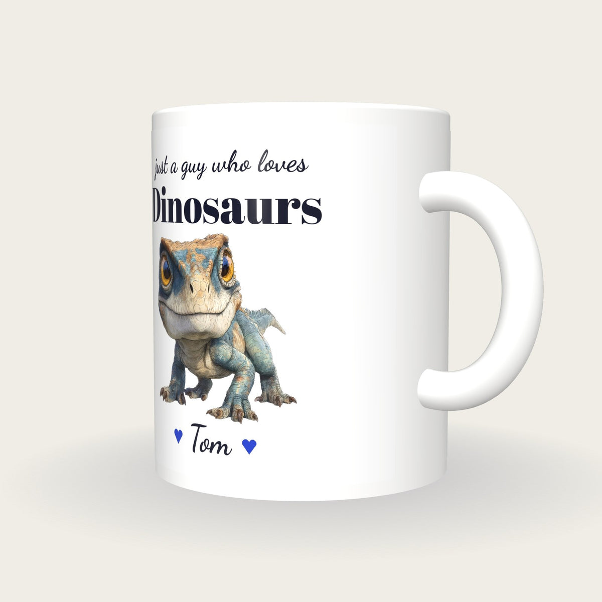 Personalised Dinosaur Mug, Just A Guy Who Loves Dinosaurs, three-quarter view