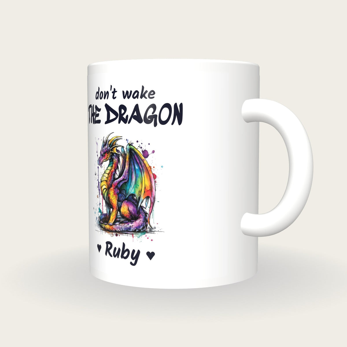 Personalised Dragon Mug, Don't Wake The Dragon, three-quarter view