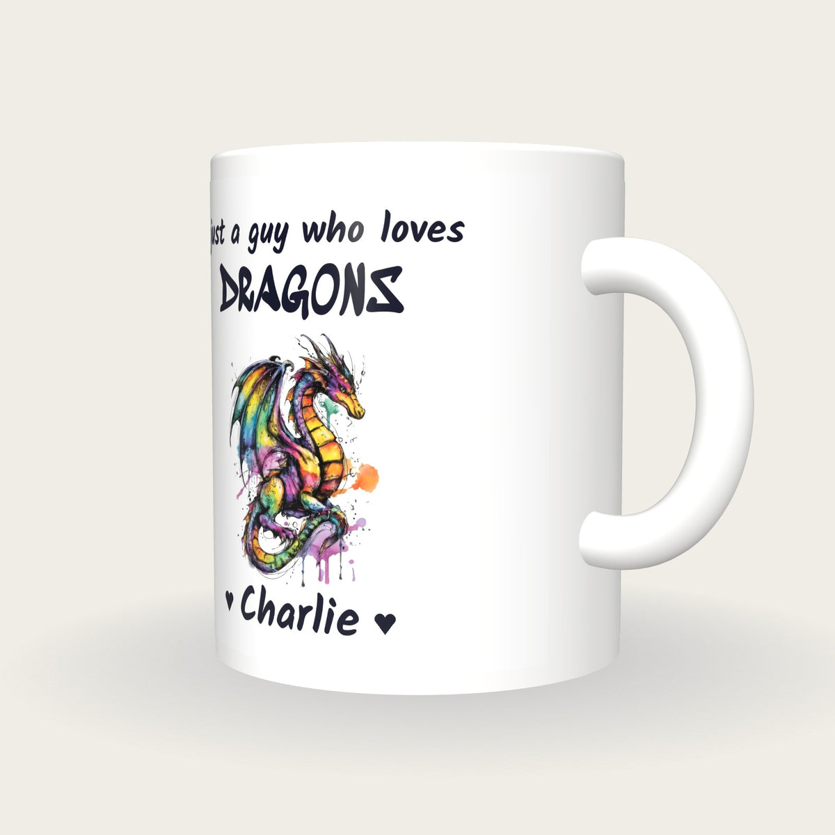 Personalised Dragon Mug, Just A Guy Who Loves Dragons, three-quarter view