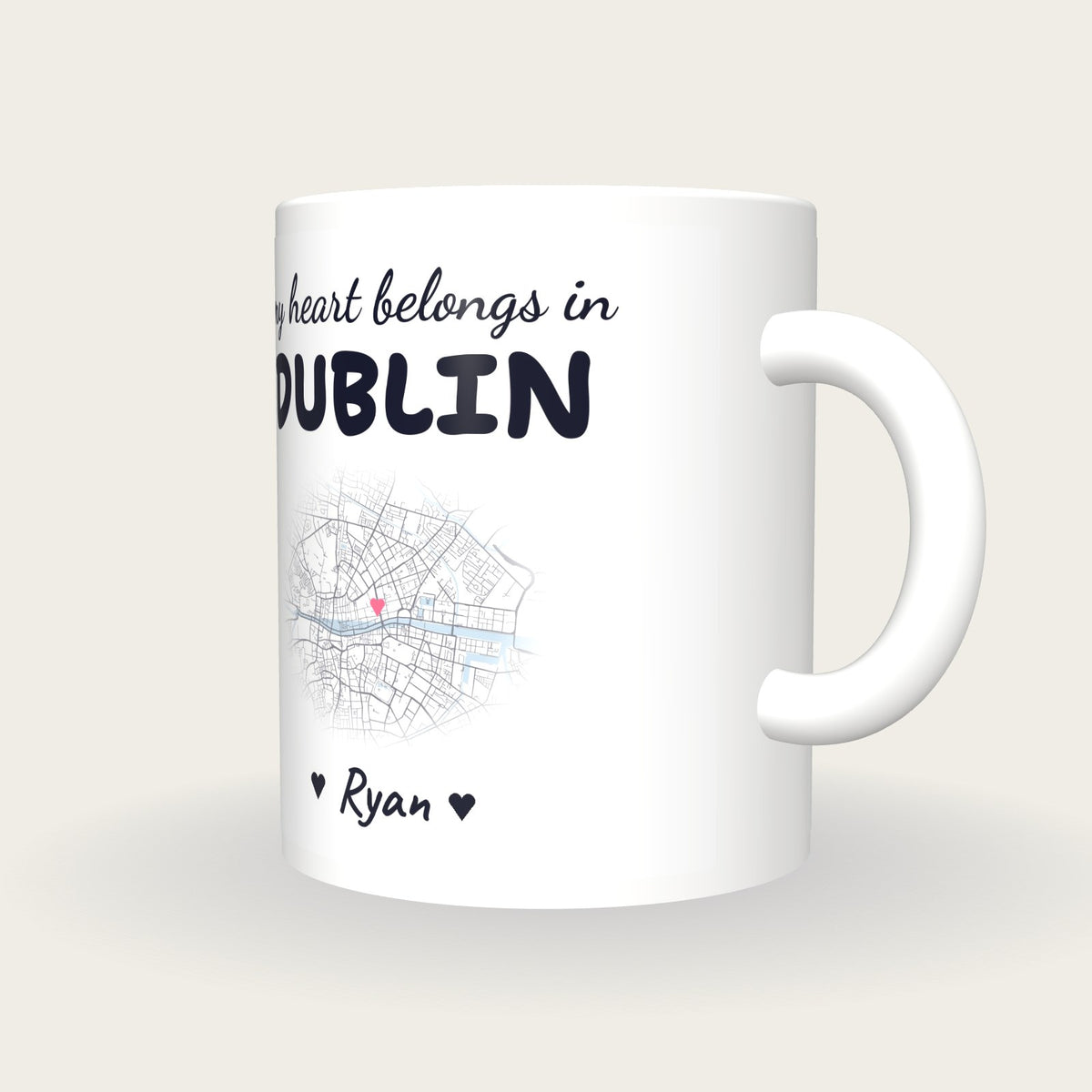 Personalised Dublin Map Mug, My Heart Belongs In Dublin, three-quarter view