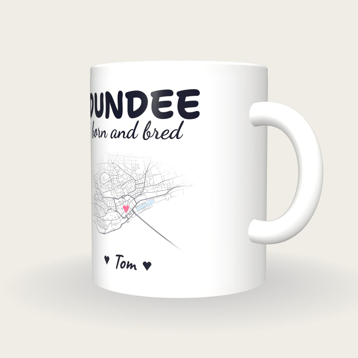 Personalised Dundee Map Mug, Dundee Born And Bred, three-quarter view