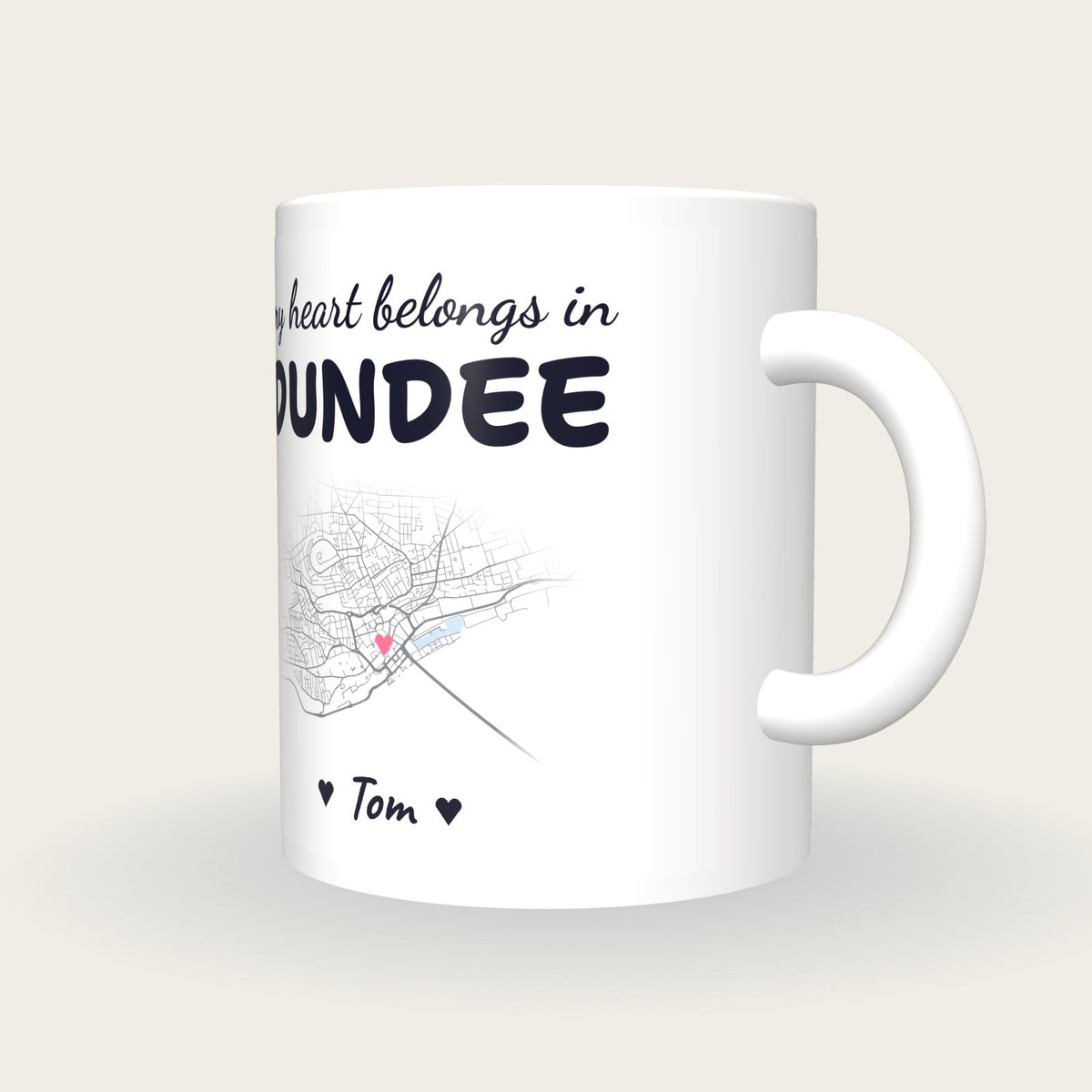 Personalised Dundee Map Mug, My Heart Belongs In Dundee, three-quarter view