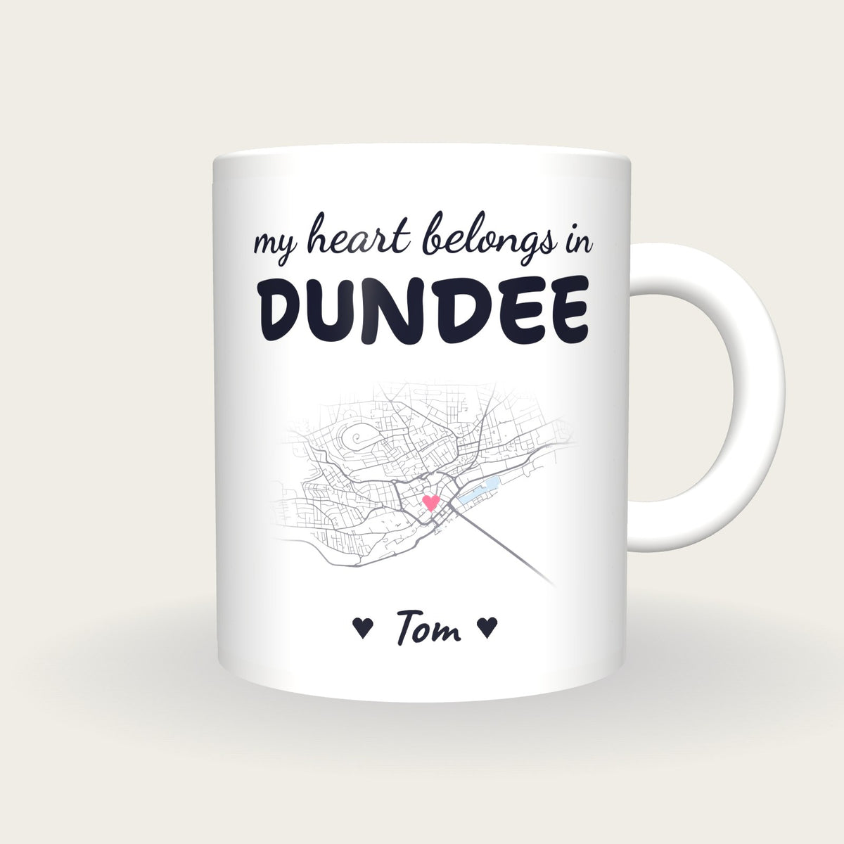 Personalised Dundee Map Mug, My Heart Belongs In Dundee, front