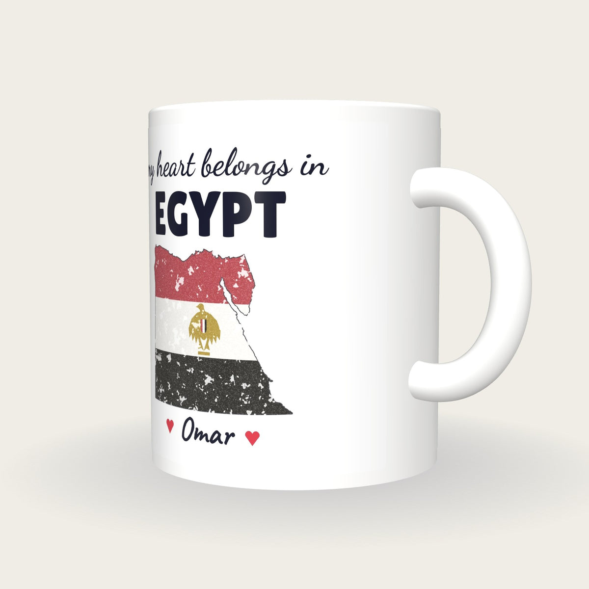 Personalised Egypt Map Mug, My Heart Belongs In Egypt, three-quarter view
