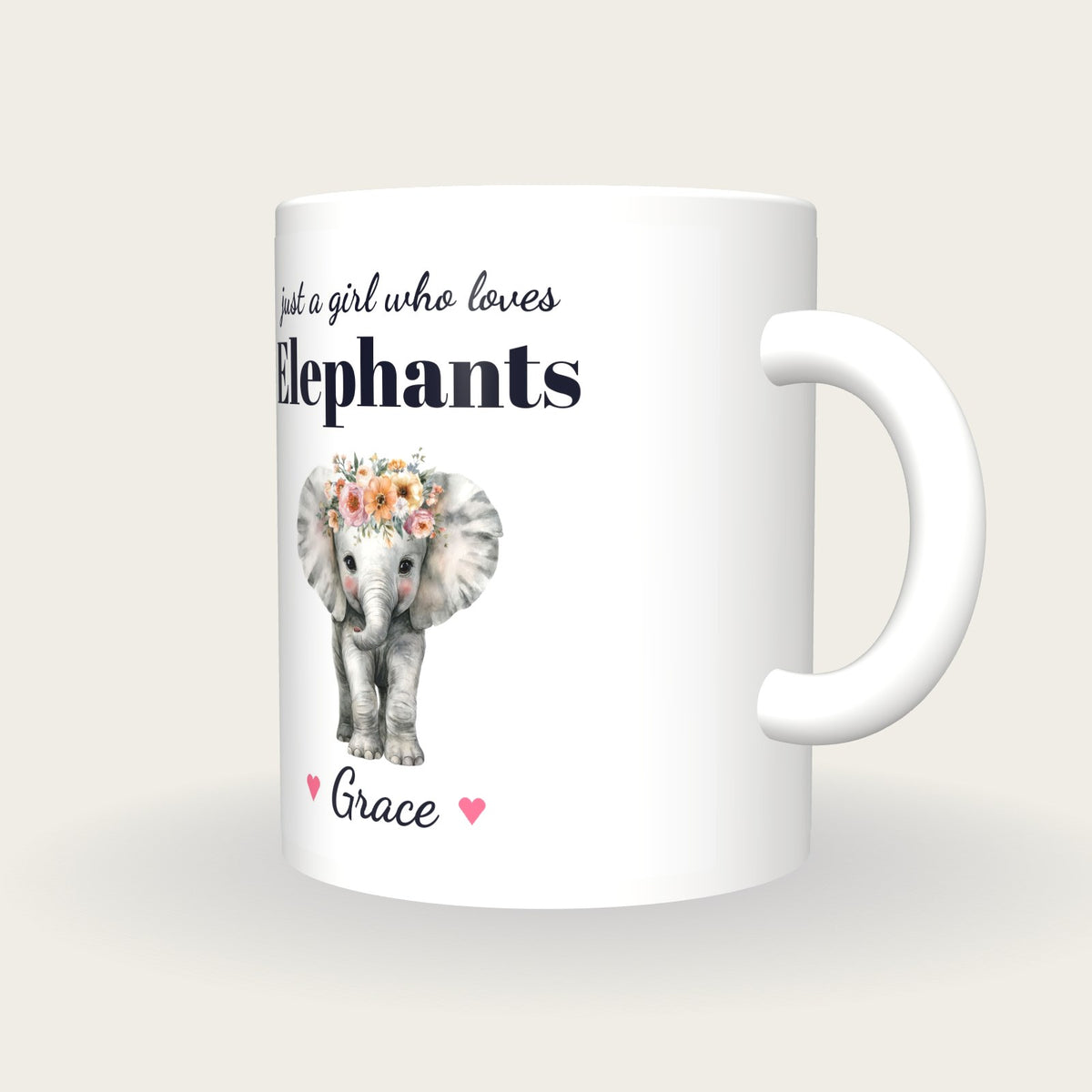 Personalised Elephant Mug, Just A Girl Who Loves Elephants, three-quarter view