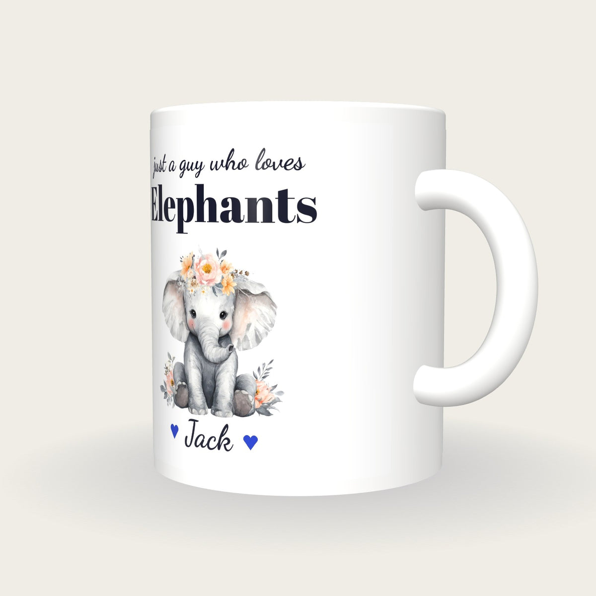 Personalised Elephant Mug, Just A Guy Who Loves Elephants, three-quarter view