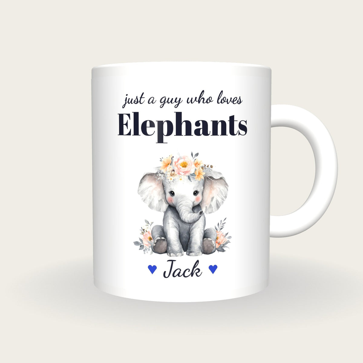 Personalised Elephant Mug, Just A Guy Who Loves Elephants, front