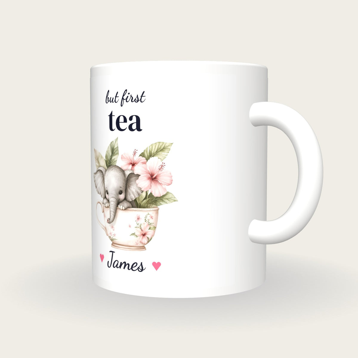 Personalised Elephant Teacup Mug, But First Tea, three-quarter view