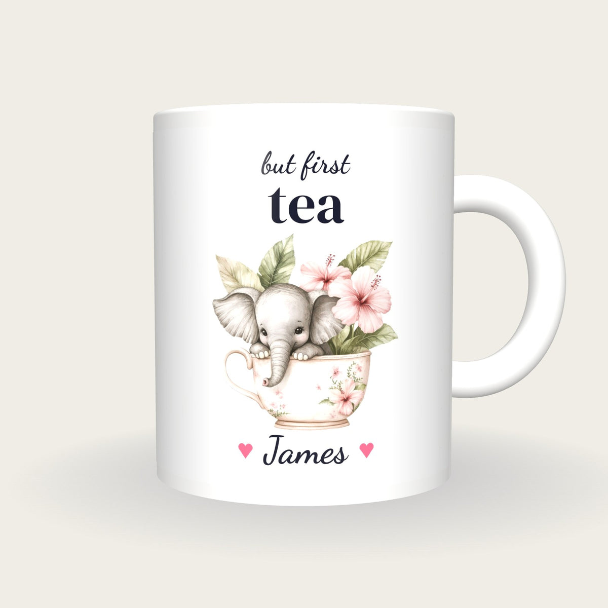 Personalised Elephant Teacup Mug, But First Tea, front