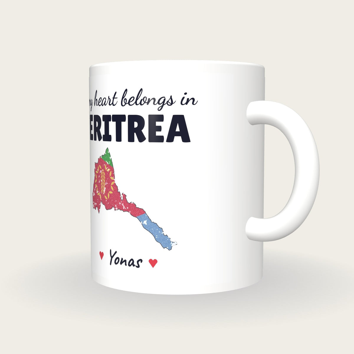 Personalised Eritrea Map Mug, My Heart Belongs In Eritrea, three-quarter view