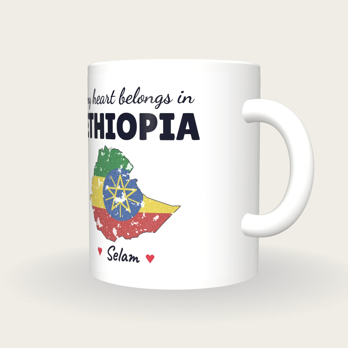Personalised Ethiopia Map Mug, My Heart Belongs In Ethiopia, three-quarter view