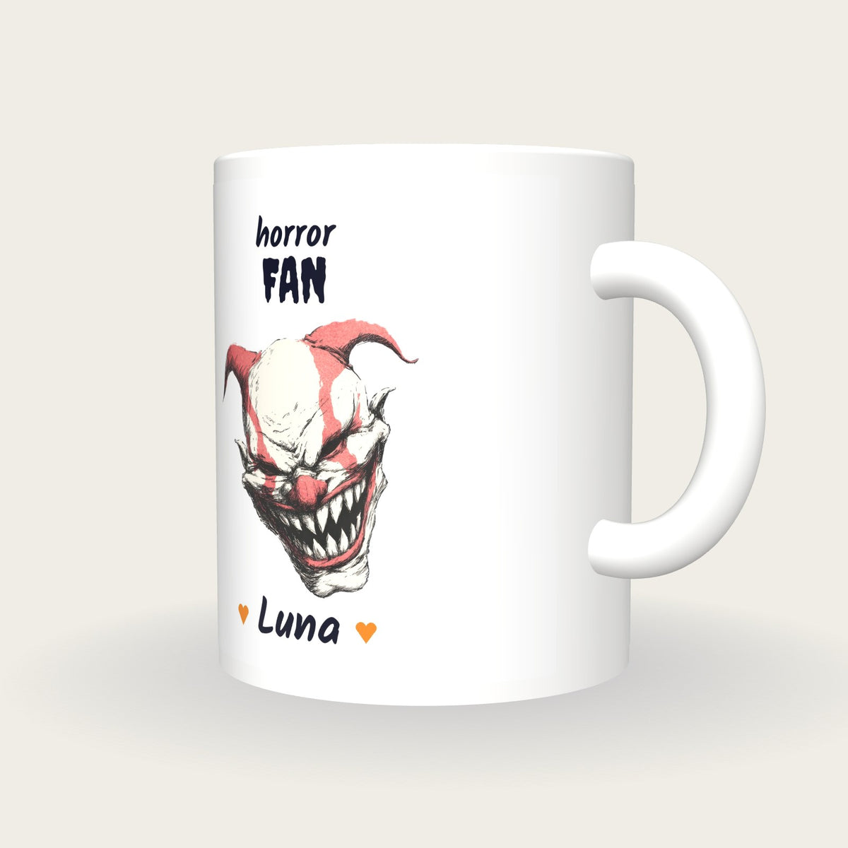 Personalised Evil Clown Mug, Horror Fan, three-quarter view