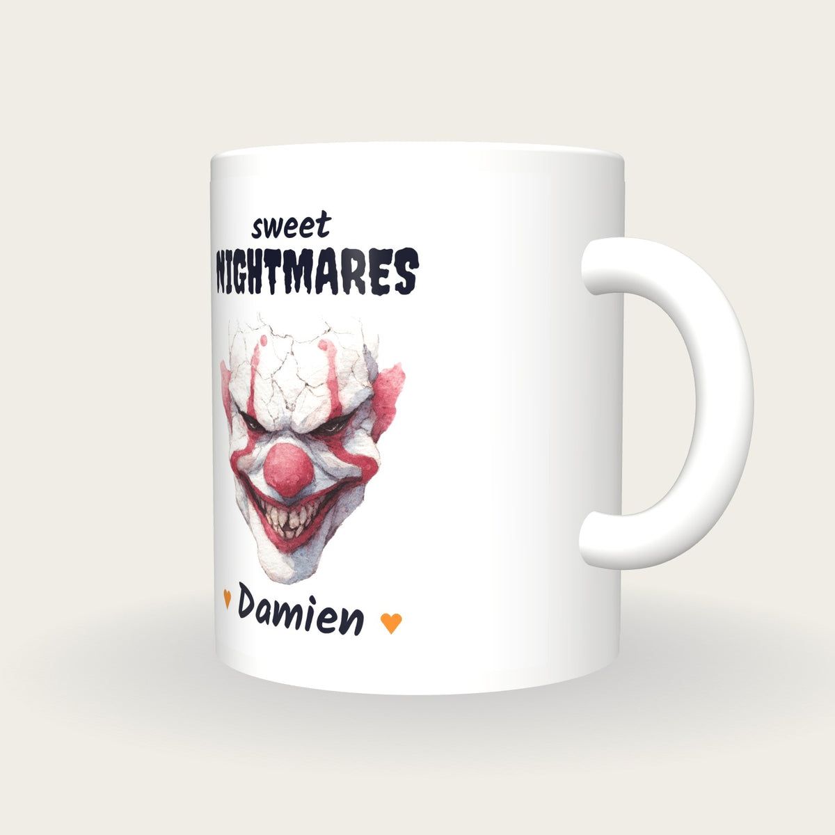 Personalised Evil Clown Mug, Sweet Nightmares, three-quarter view