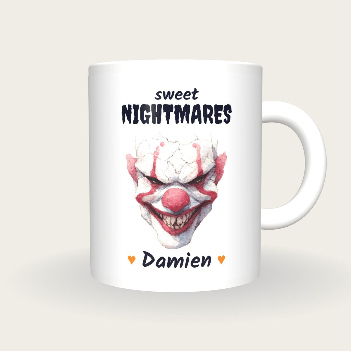 Personalised Evil Clown Mug, Sweet Nightmares, front