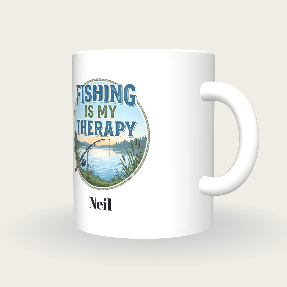 Personalised Fishing Is My Therapy Mug, three-quarter view