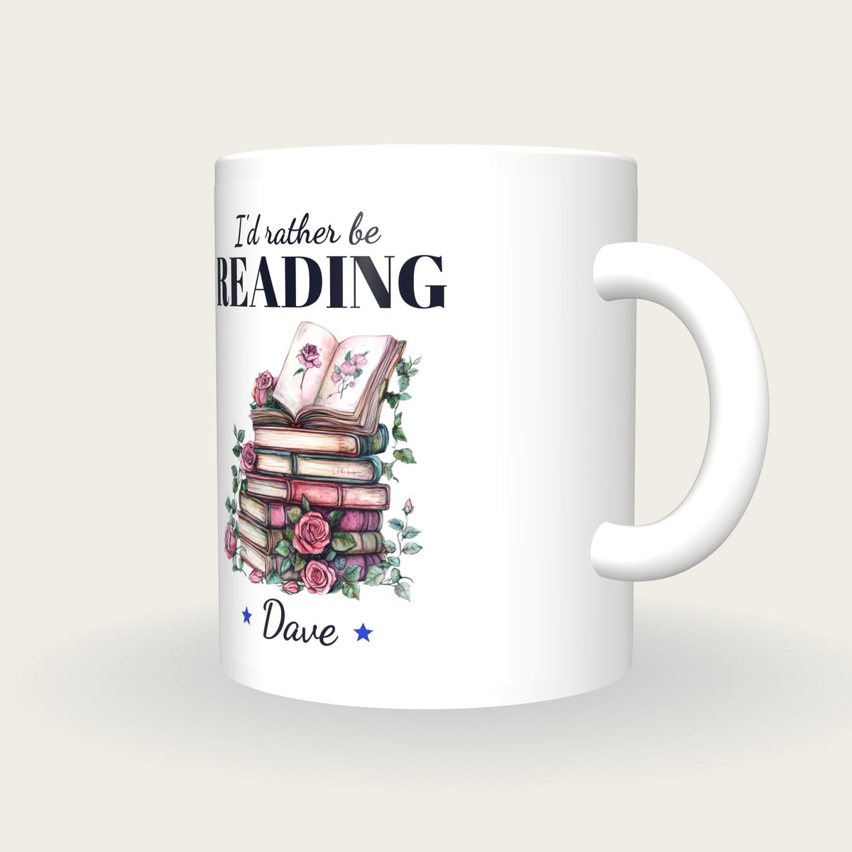 Personalised Floral Book Stack Mug, I'd Rather Be Reading, three-quarter view