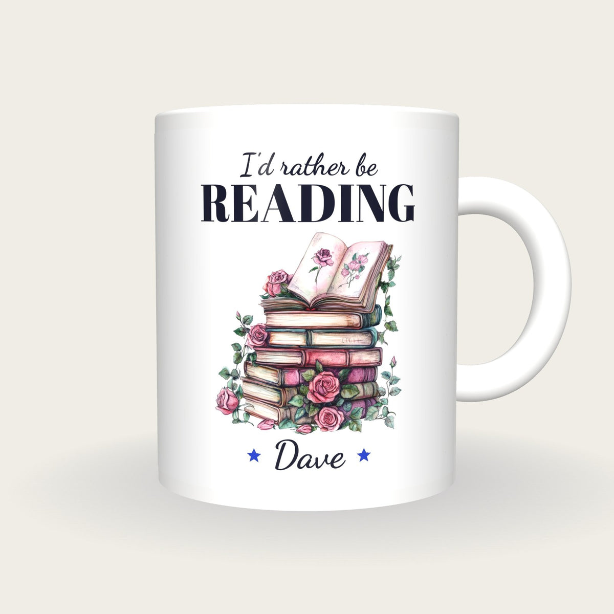 Personalised Floral Book Stack Mug, I'd Rather Be Reading, front