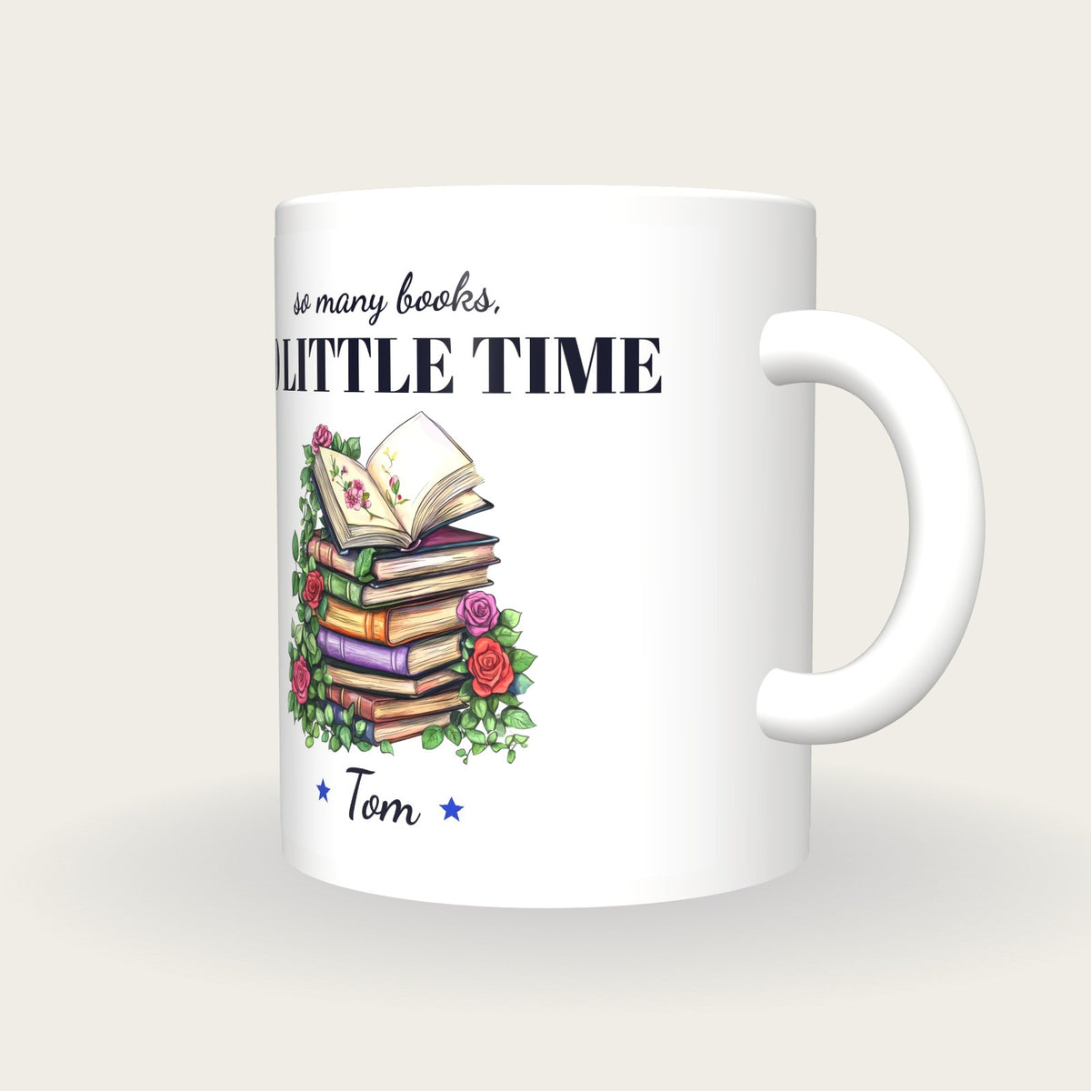Personalised Floral Book Stack Mug, So Many Books So Little Time, three-quarter view