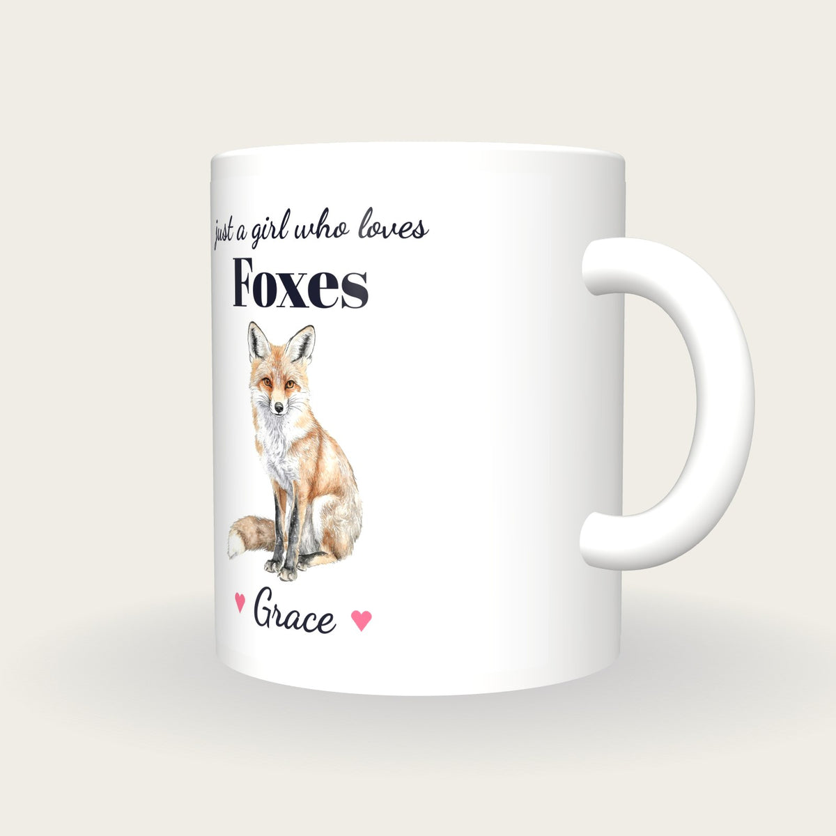 Personalised Fox Mug, Just A Girl Who Loves Foxes, three-quarter view