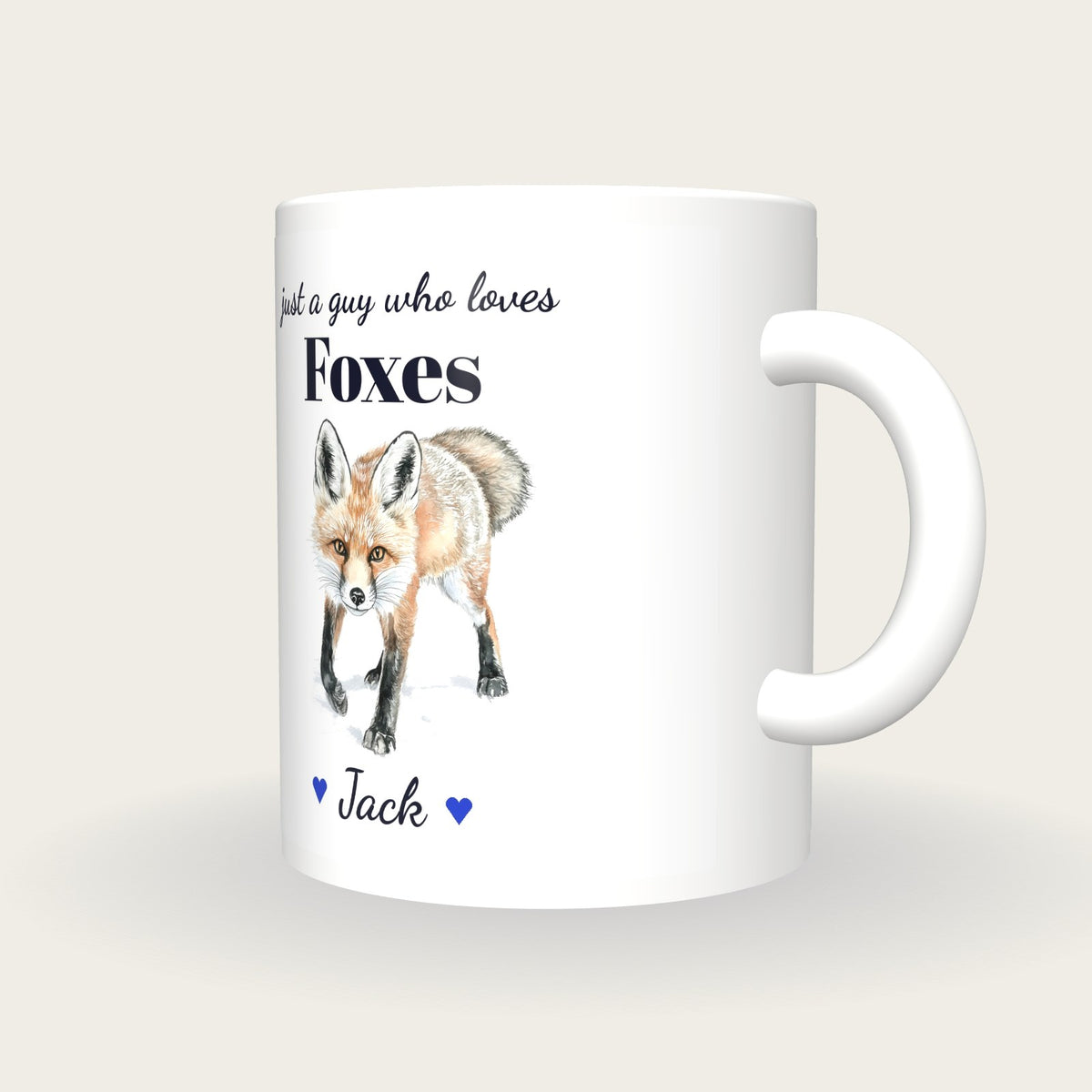 Personalised Fox Mug, Just A Guy Who Loves Foxes, three-quarter view
