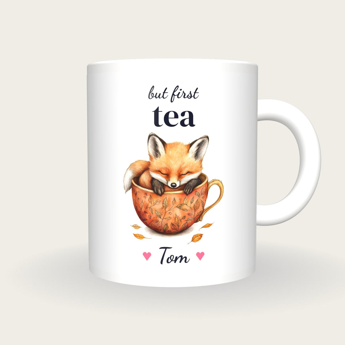 Personalised Fox Teacup Mug, But First Tea, front