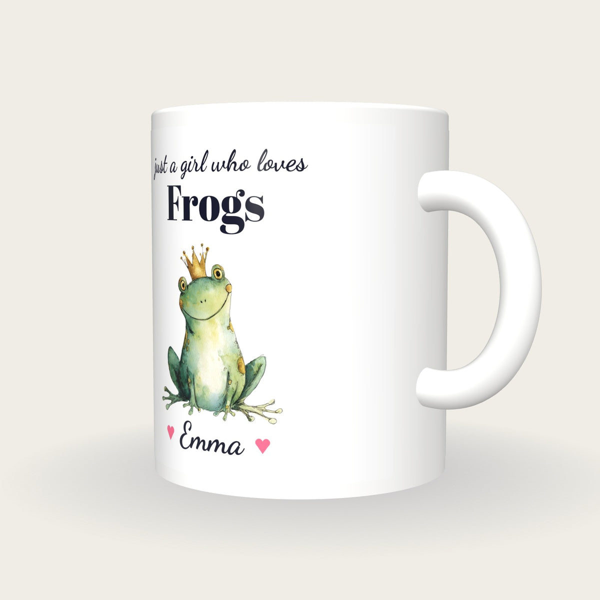 Personalised Frog Mug, Just A Girl Who Loves Frogs, three-quarter view