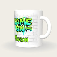 Personalised Game On Graffiti Mug, three-quarter view