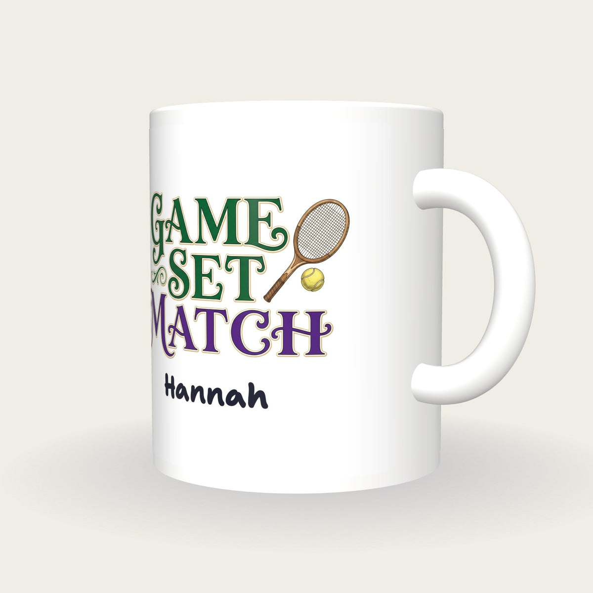 Personalised Game Set Match Tennis Mug, three-quarter view