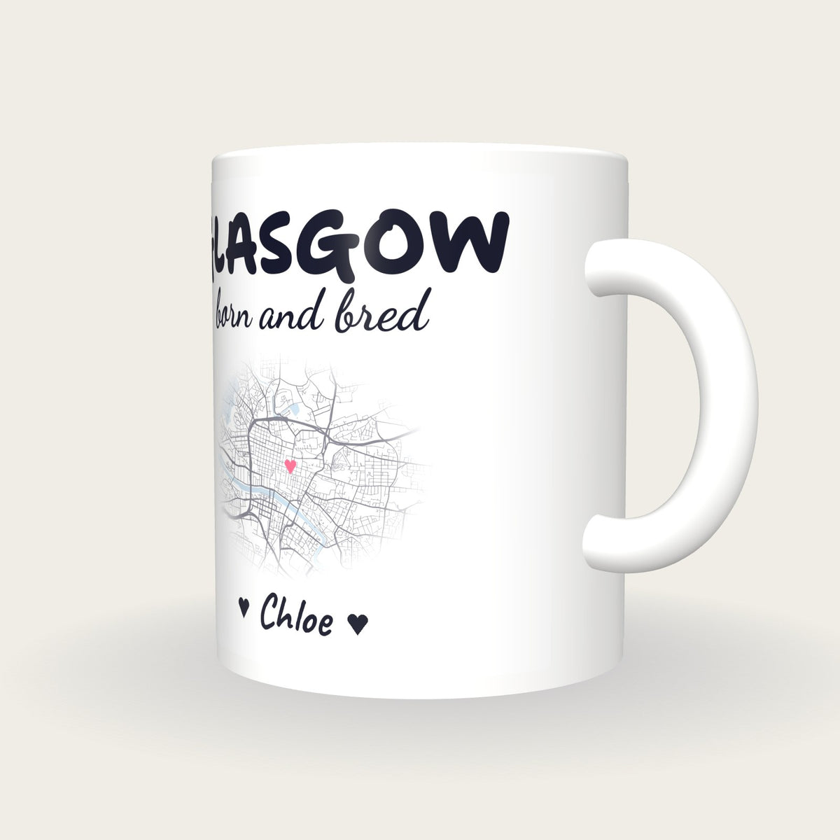 Personalised Glasgow Map Mug, Glasgow Born And Bred, three-quarter view