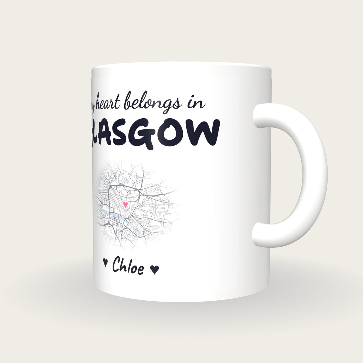 Personalised Glasgow Map Mug, My Heart Belongs In Glasgow, three-quarter view