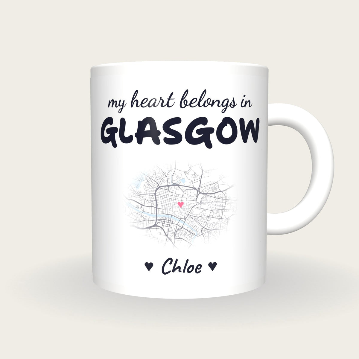 Personalised Glasgow Map Mug, My Heart Belongs In Glasgow, front