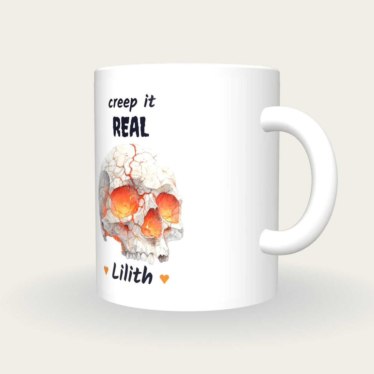 Personalised Glowing Skull Mug, Creep It Real, three-quarter view