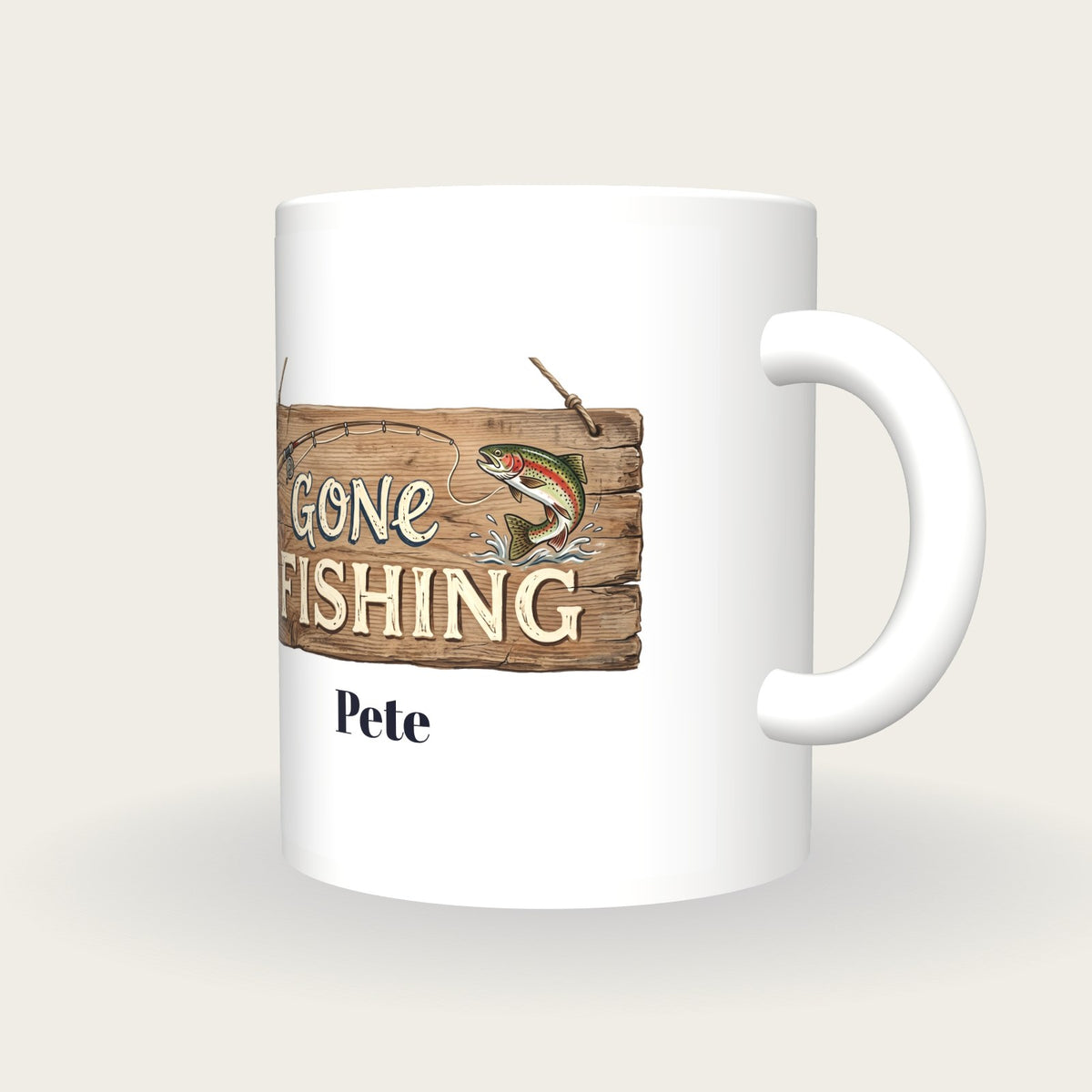 Personalised Gone Fishing Mug, three-quarter view