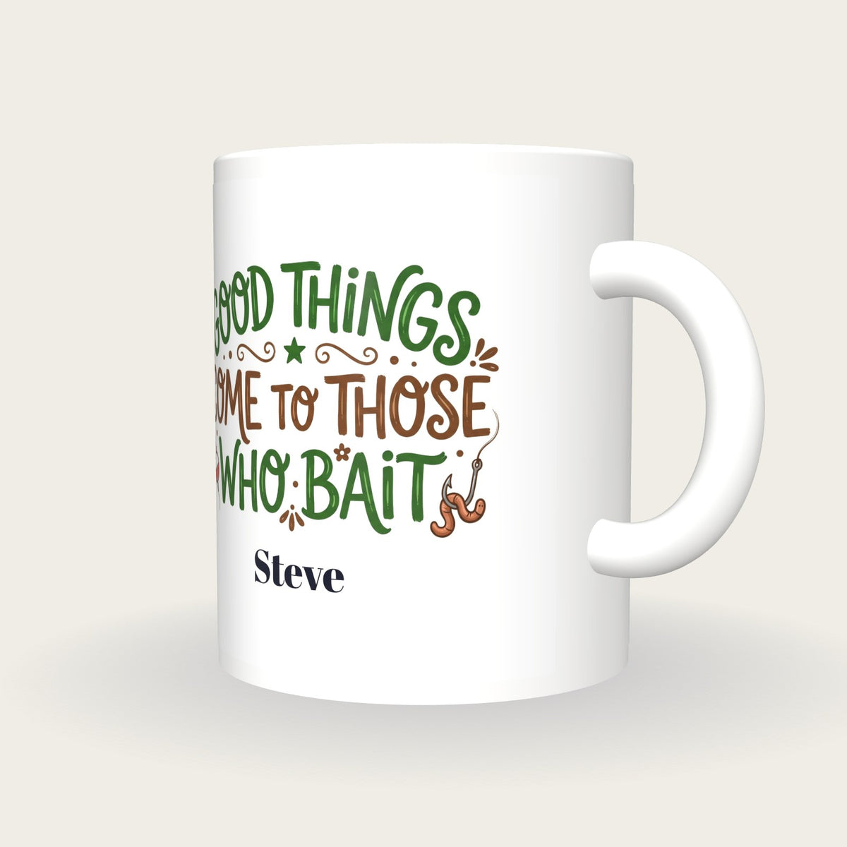 Personalised Good Things Come To Those Who Bait Fishing Mug, three-quarter view