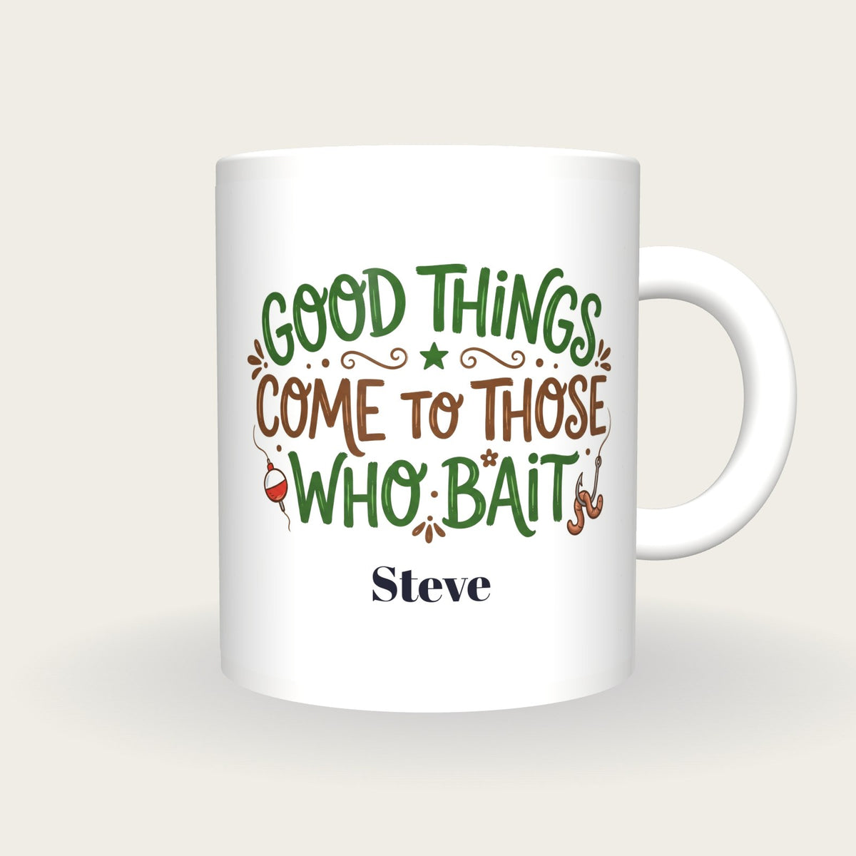 Personalised Good Things Come To Those Who Bait Fishing Mug, front