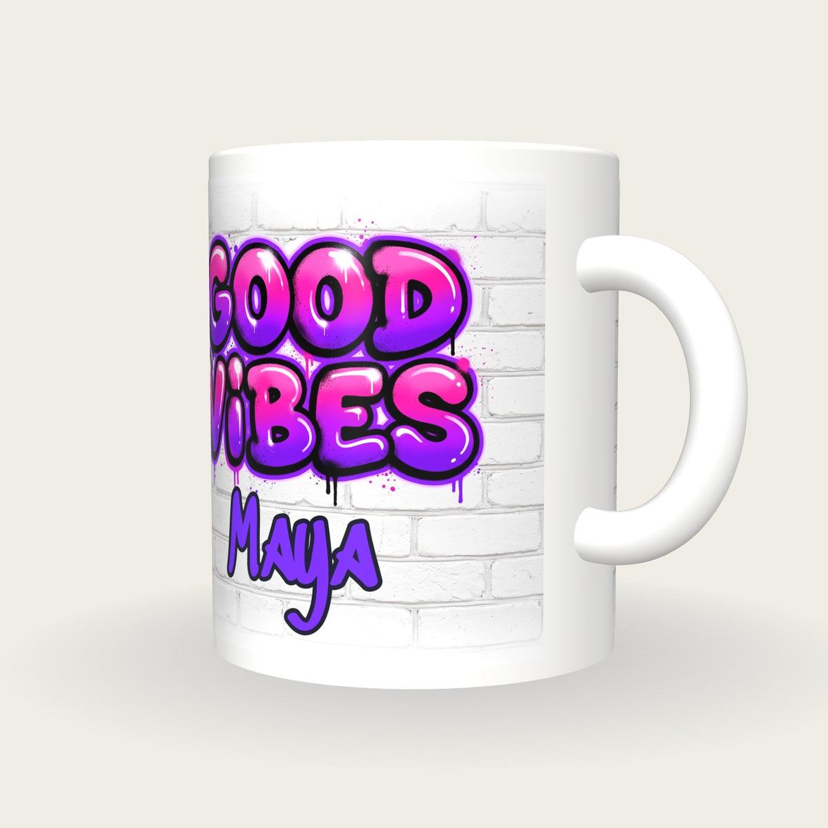 Personalised Good Vibes Graffiti Mug, three-quarter view