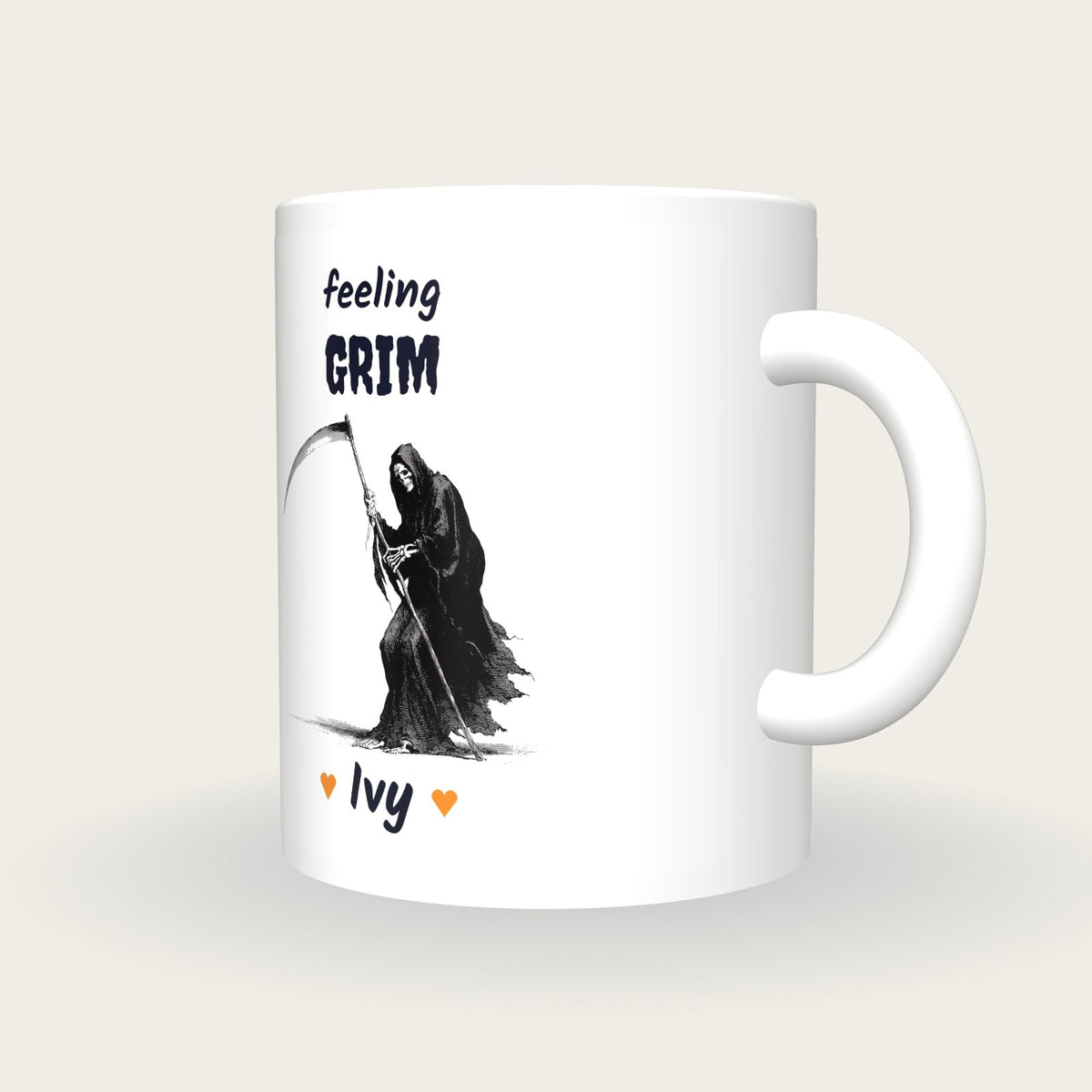 Personalised Grim Reaper Mug, Feeling Grim, three-quarter view