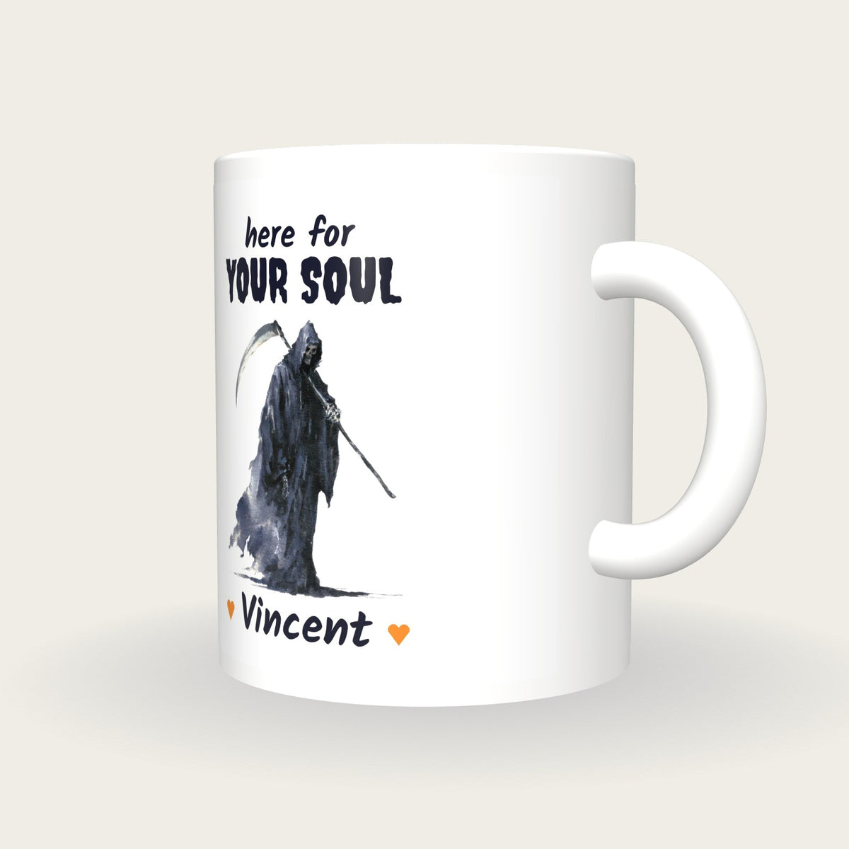 Personalised Grim Reaper Mug, Here For Your Soul, three-quarter view