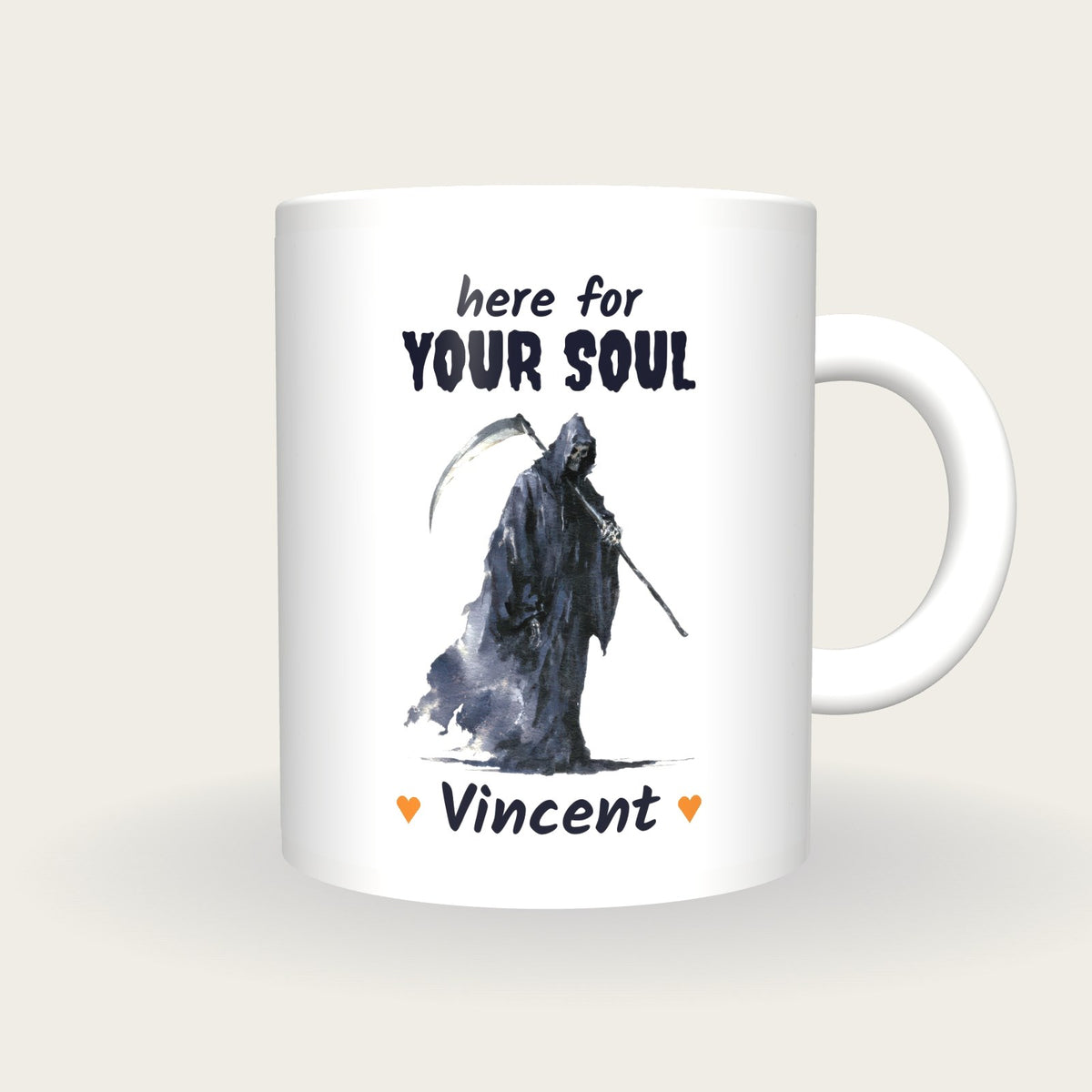 Personalised Grim Reaper Mug, Here For Your Soul, front