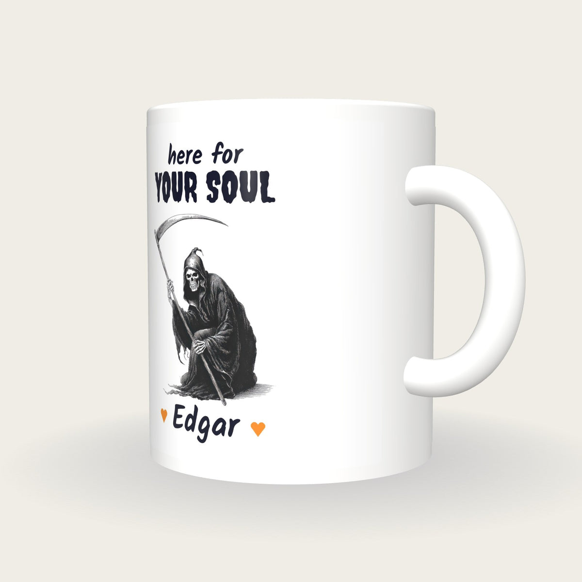 Personalised Grim Reaper Mug, Here For Your Soul, three-quarter view