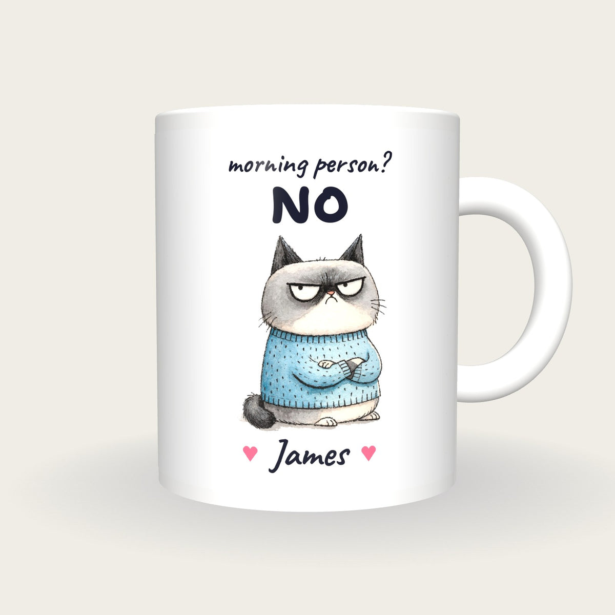 Personalised Grumpy Cat Mug, Morning Person No, front