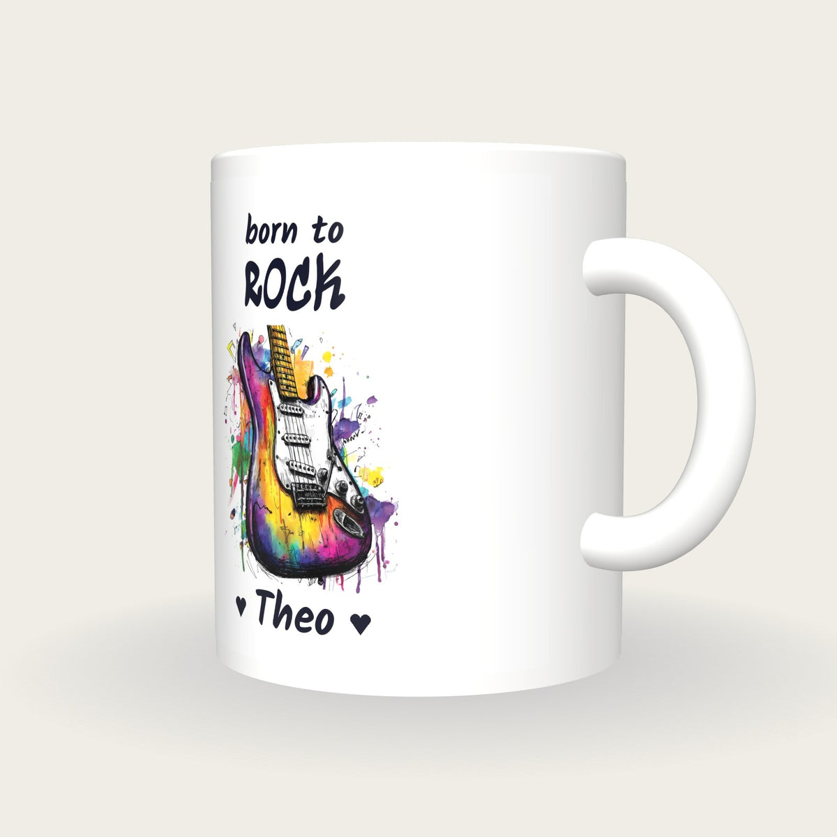 Personalised Guitar Mug, Born To Rock, three-quarter view