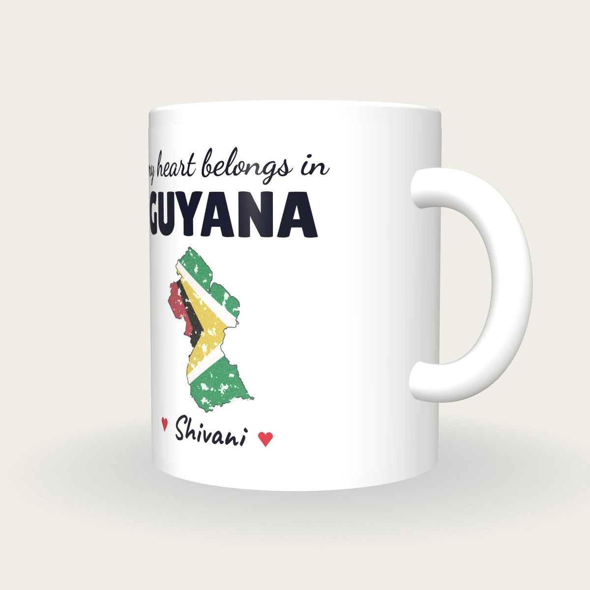 Personalised Guyana Map Mug, My Heart Belongs In Guyana, three-quarter view