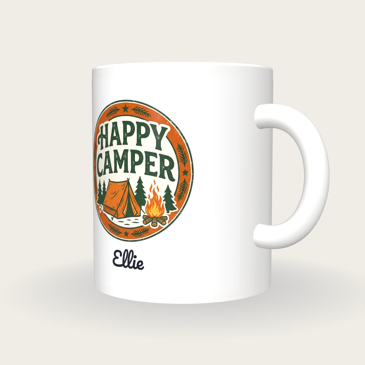 Personalised Happy Camper Mug, three-quarter view