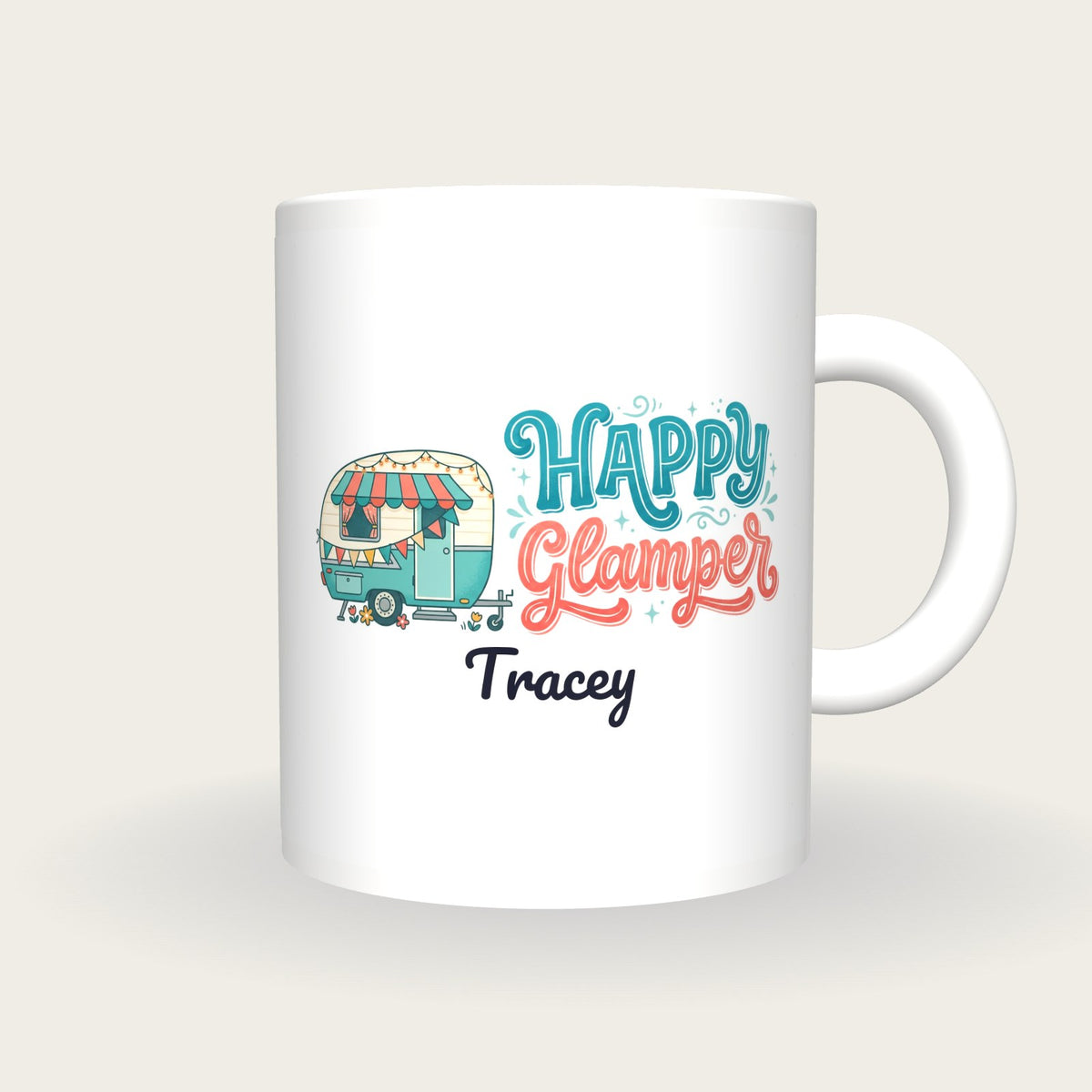 Personalised Happy Glamper Caravan Mug, front