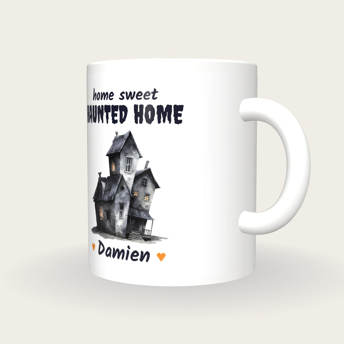 Personalised Haunted House Mug, Home Sweet Haunted Home, three-quarter view