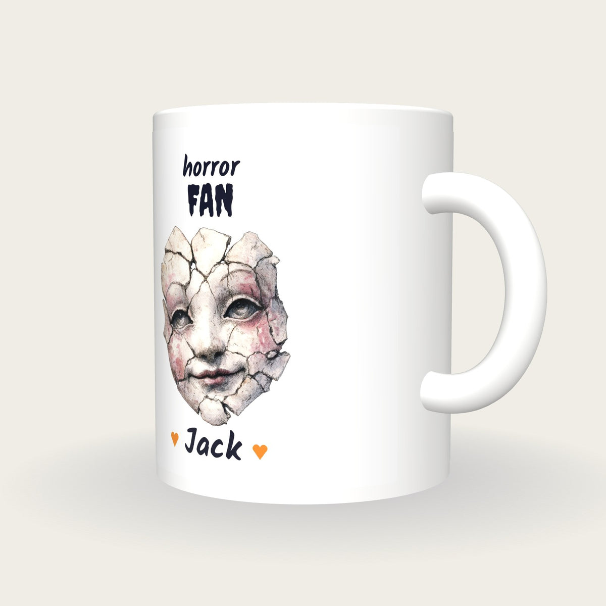 Personalised Haunted Puppet Mug, Horror Fan, three-quarter view