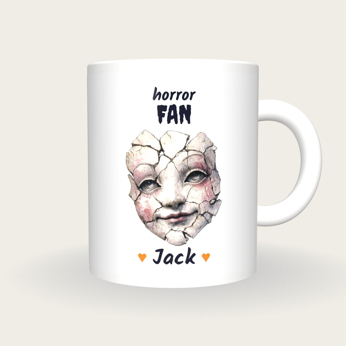 Personalised Haunted Puppet Mug, Horror Fan, front