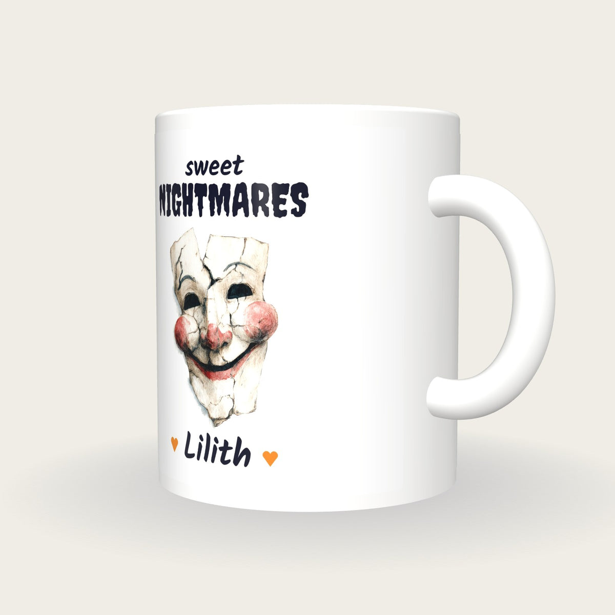 Personalised Haunted Puppet Mug, Sweet Nightmares, three-quarter view