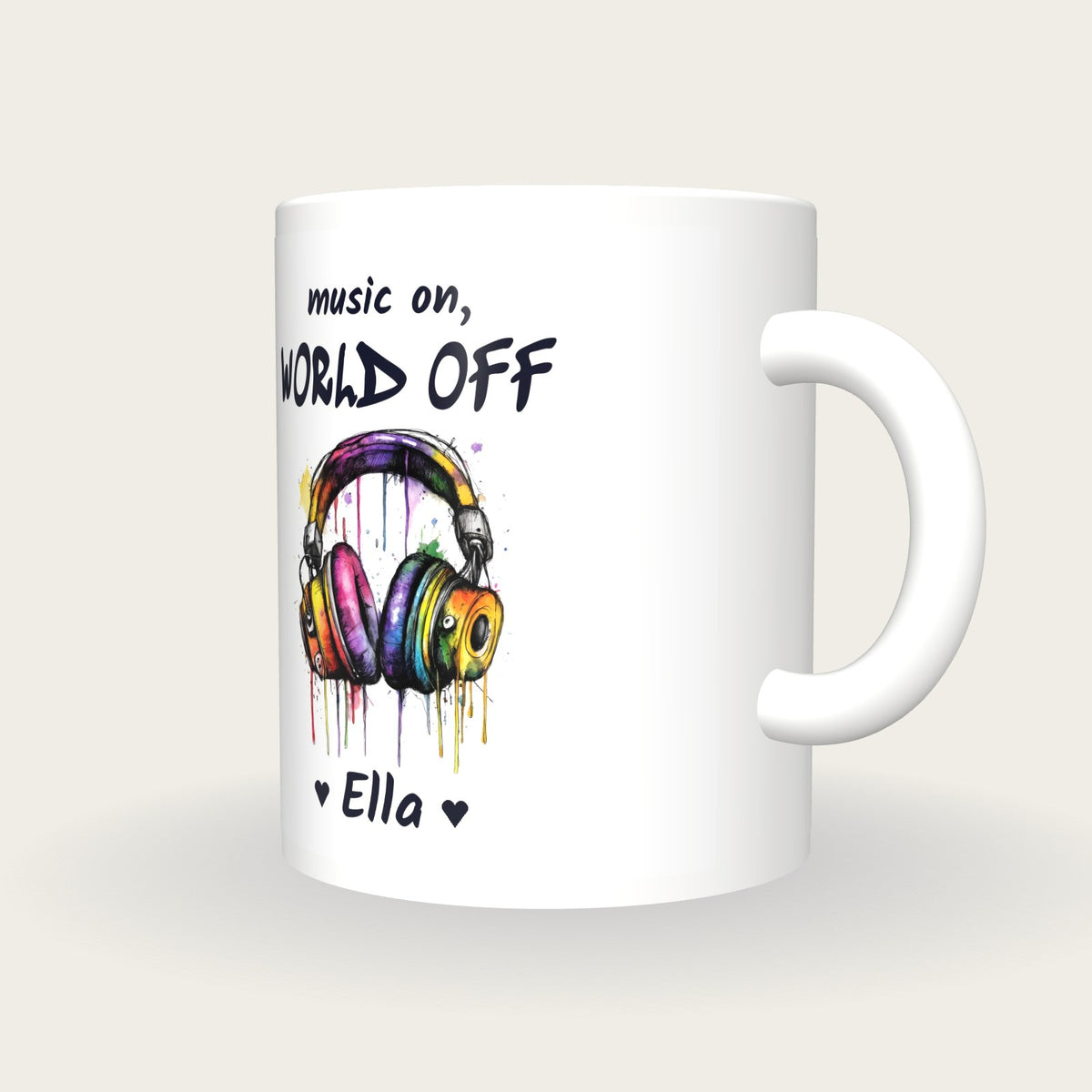 Personalised Headphones Mug, Music On World Off, three-quarter view